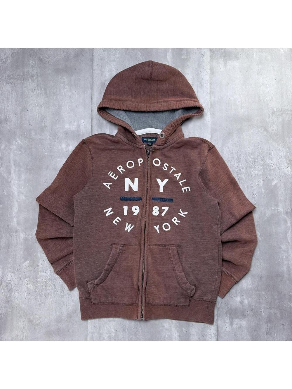 Y2K Brown Aeropostale NY Grunge Skater Thermal Zip Up Hoodie